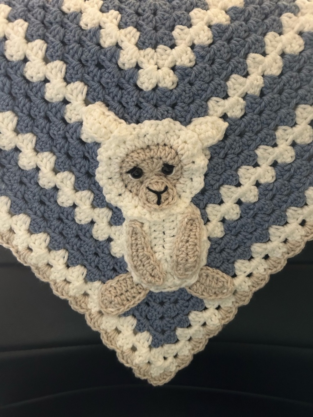 Handmade Blue & Cream Crochet Baby Blanket with Lamb Applique
